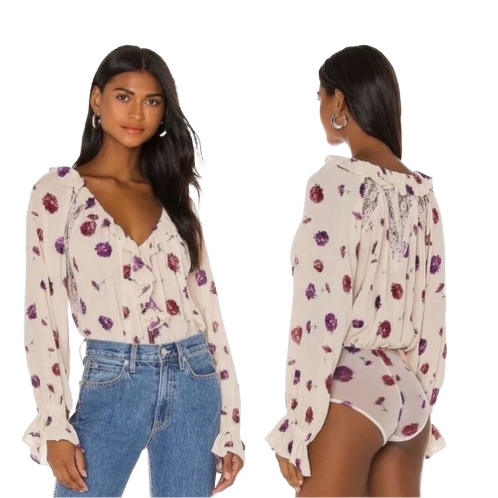 Intimately Free People “Poppy” Print long sleeve ruffle body suit in cream 🌸 - Picture 1 of 12
